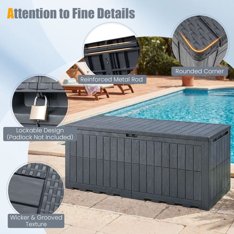 Gray 180 Gal outdoor deck box with rounded corners, lockable design, and wicker texture for secure storage and seating.