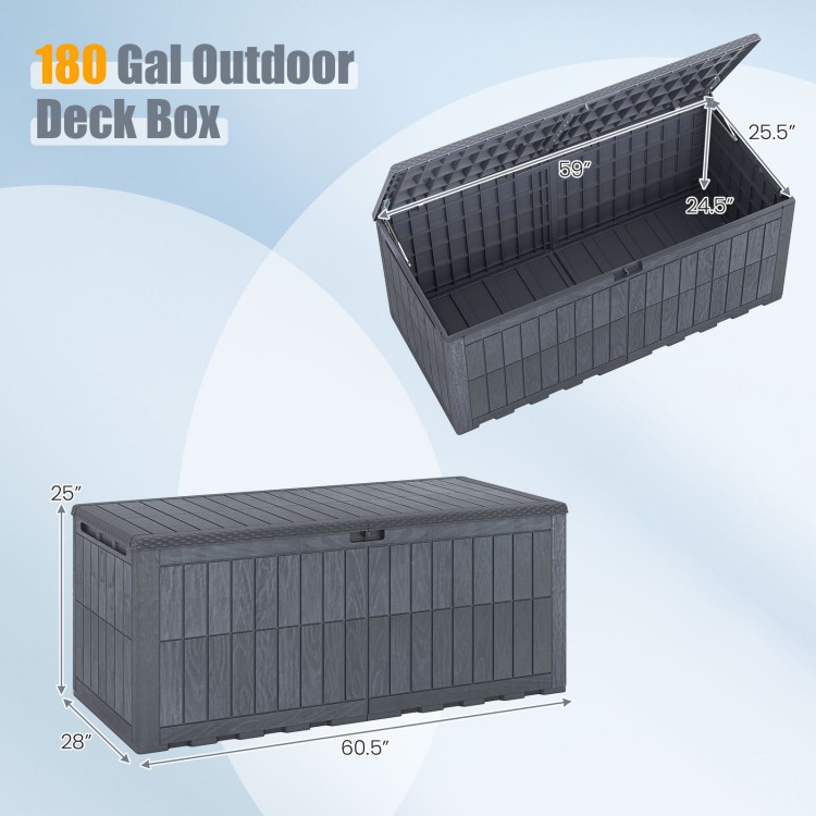 180 Gal outdoor deck box in gray with lid, handles, and wicker texture for secure storage and extra seating.