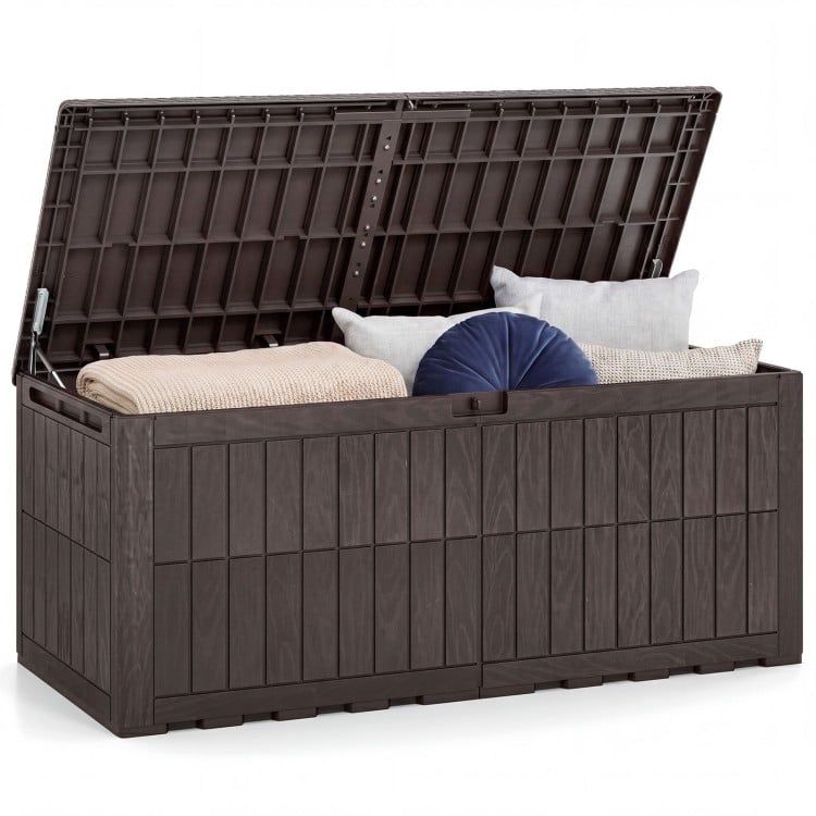 Brown 180 Gal outdoor deck box with lid, storing cushions, featuring lockable design and durable weather-resistant.