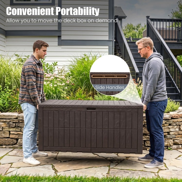 Two men lifting a brown 180 Gal outdoor deck box with side handles, showcasing its convenient portability and storage.