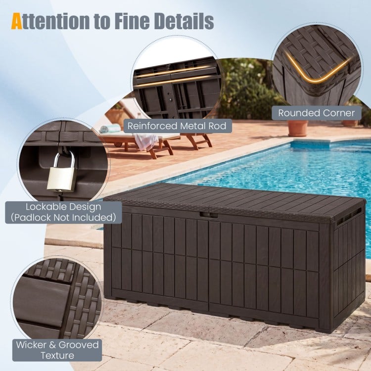 Brown 180 Gal outdoor deck box with lockable design, rounded corners, and wicker texture for secure storage and seating.