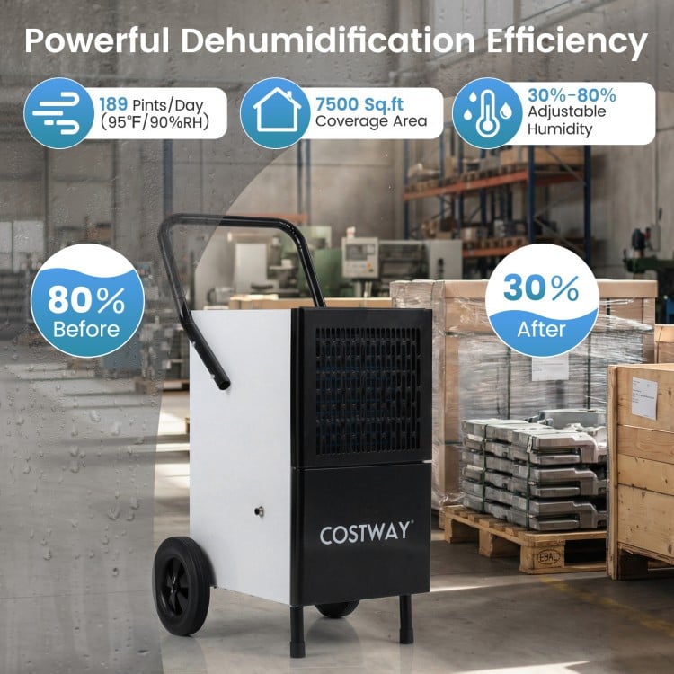 Commercial dehumidifier in black with built-in pump, 189 pints/day, 7500 sq.ft coverage, ideal for large spaces.