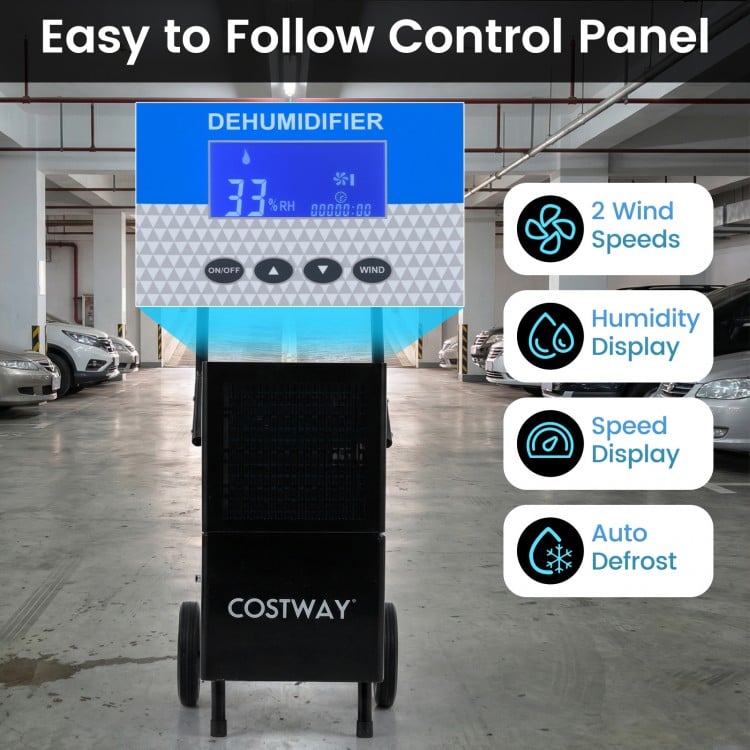 Commercial dehumidifier with intuitive control panel, humidity display, and built-in pump for large spaces up to 7500.