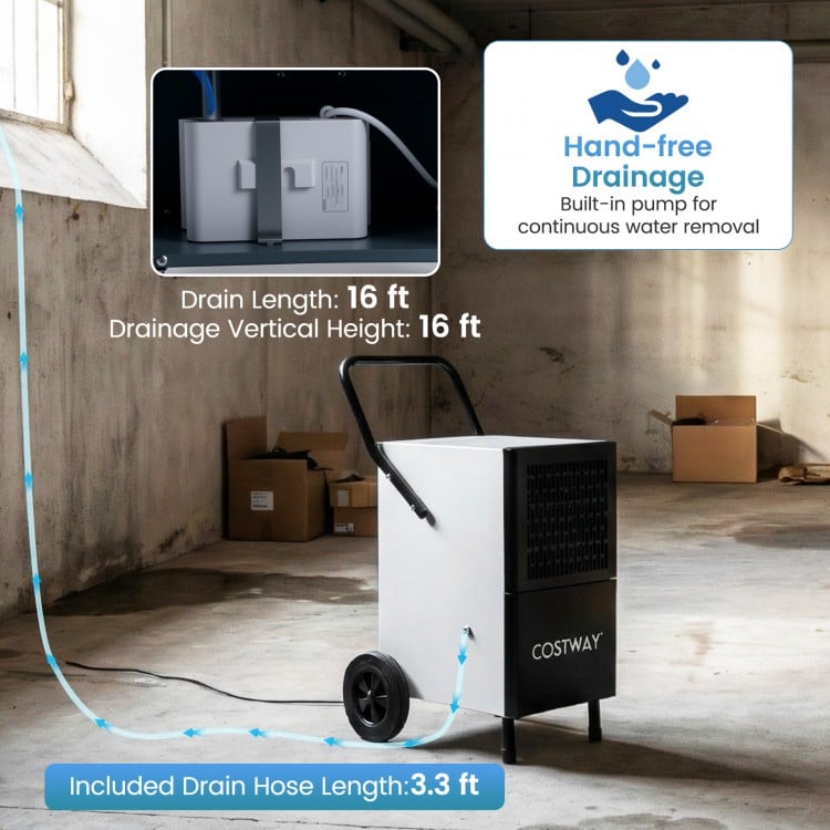 189 pints commercial dehumidifier with built-in pump, showing drainage features and large wheels for easy mobility.