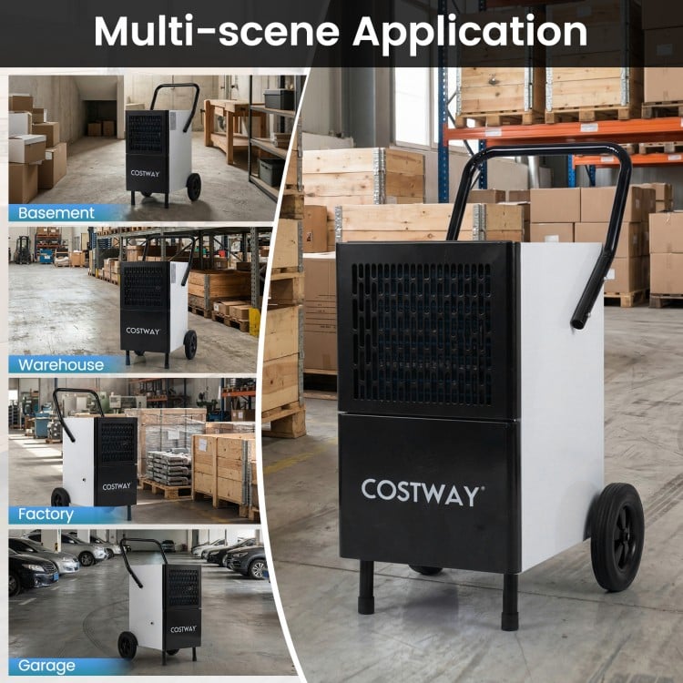 Commercial dehumidifier in black with wheels, ideal for large spaces like warehouses and basements, featuring a.