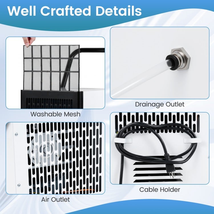 Drainage outlet, air outlet, and cable holder details of the 189 Pints Commercial Dehumidifier for easy maintenance.
