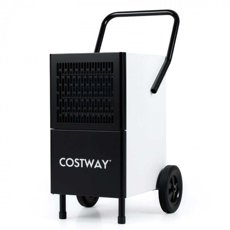 Portable commercial dehumidifier in black with large wheels, designed for easy transport across various large spaces.