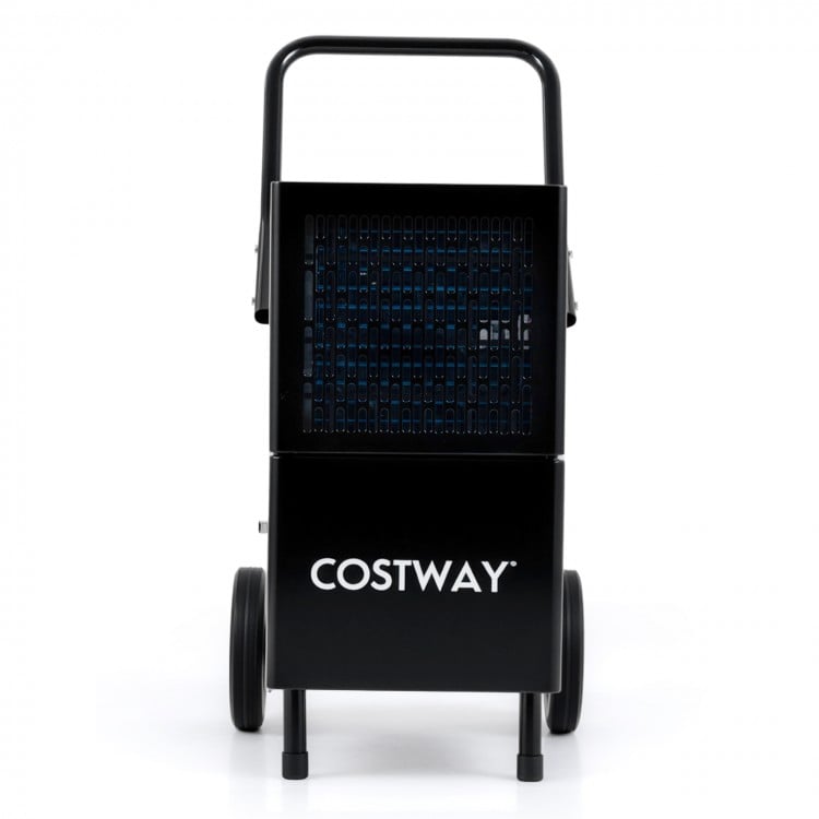 Front view of the 189 pints commercial dehumidifier in black, featuring a convenient handle and large wheels for.