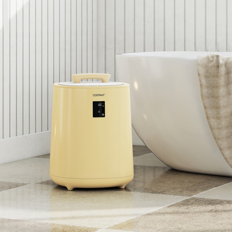 Yellow 18L towel warmer with LED display, designed for quick heating and safe operation, ideal for bath towels and.