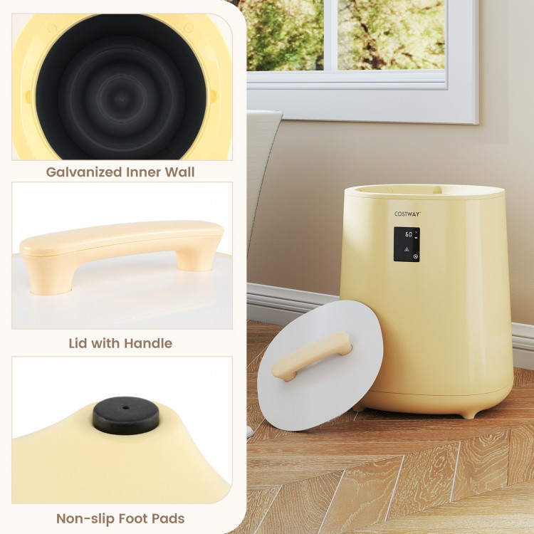 Yellow 18L towel warmer with LED display, galvanized inner wall, and lid with handle for easy use and safety.