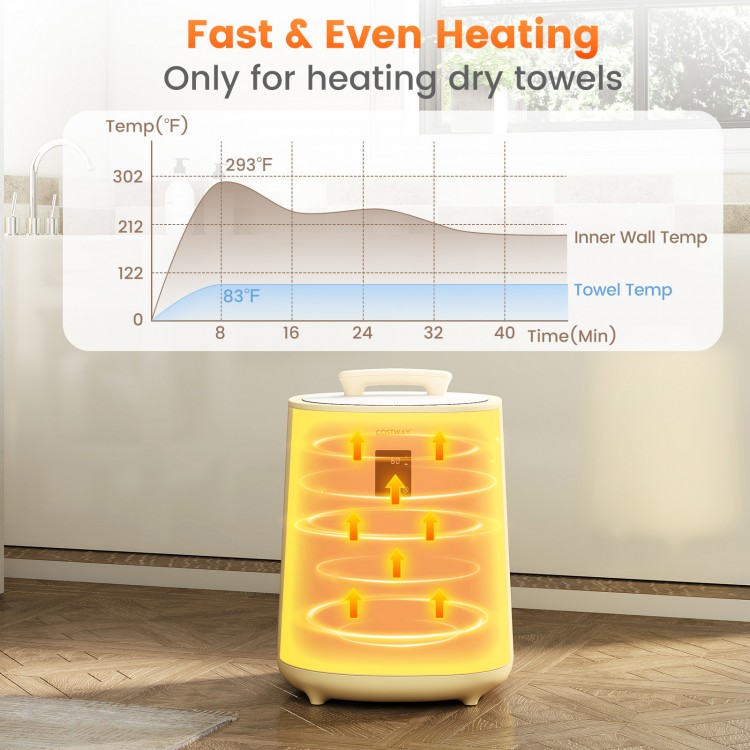 18L large towel warmer in yellow with LED display, heating towels to 83°F in 8 minutes for ultimate comfort.
