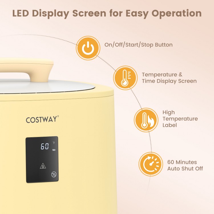 LED display of the 18L yellow towel warmer showing temperature settings and auto shut-off features for easy operation.