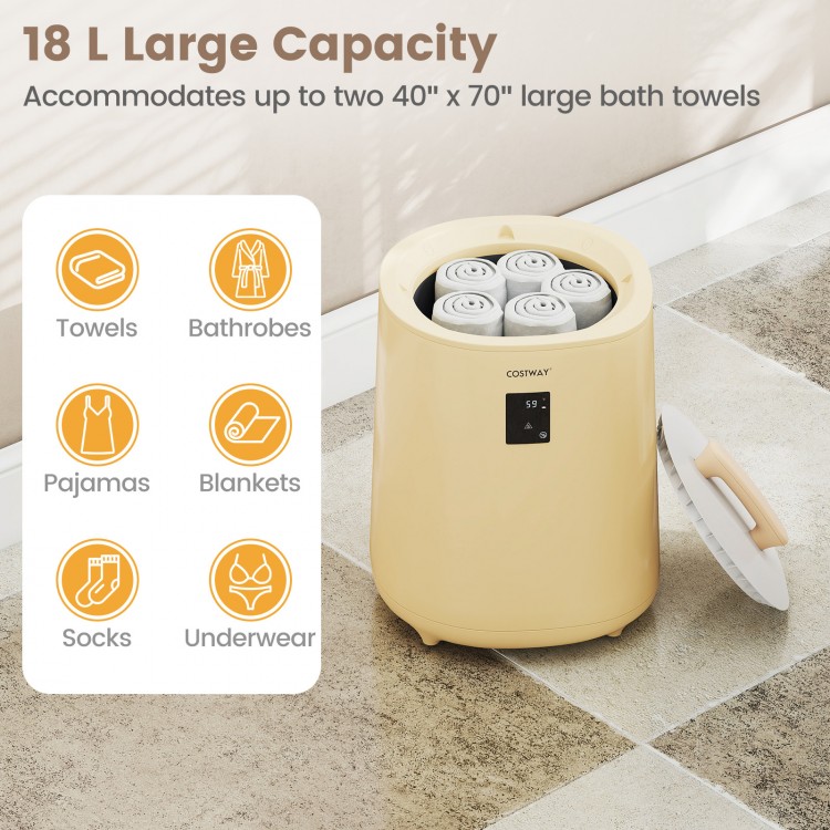 18L large towel warmer in yellow with LED display, accommodates two large bath towels for quick warmth and aromatherapy.