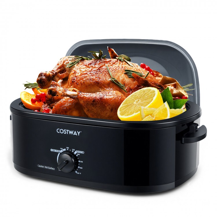 18QT electric roaster oven in black with self-basting lid, showcasing a whole turkey and fresh herbs for large meals.