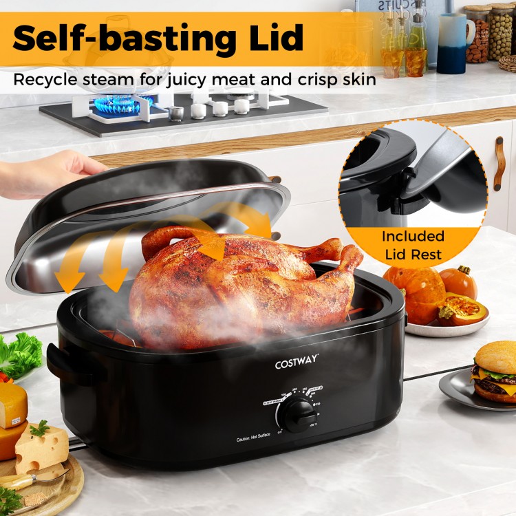 18QT electric roaster oven with self-basting lid, featuring a whole turkey and removable pan for easy cleaning.