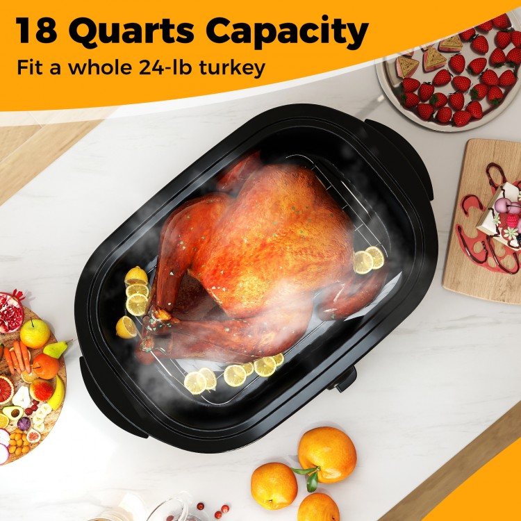 Electric roaster oven with a whole turkey, 18-quart capacity, self-basting lid for juicy meat and crisp skin.