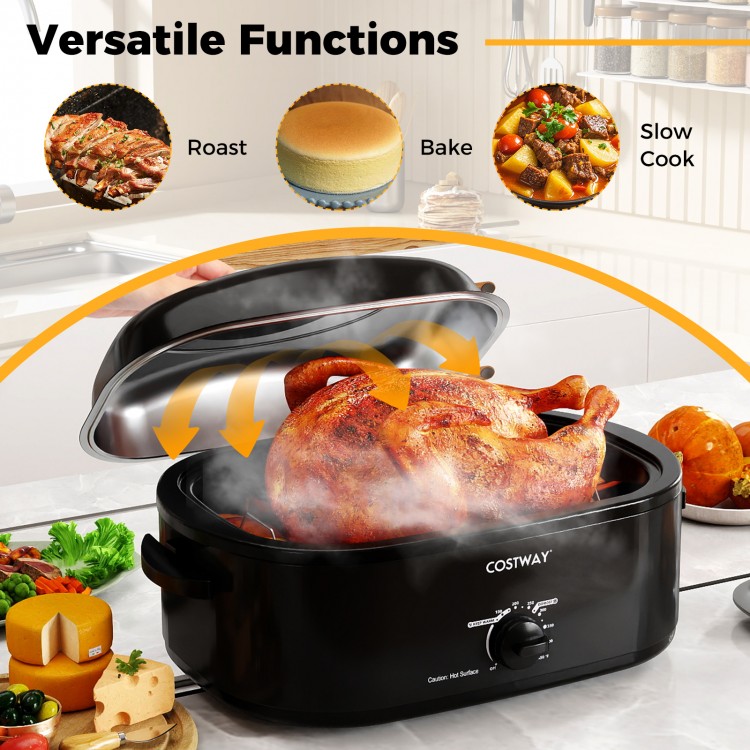 18QT electric roaster oven with self-basting lid, perfect for roasting a whole turkey and versatile cooking functions.