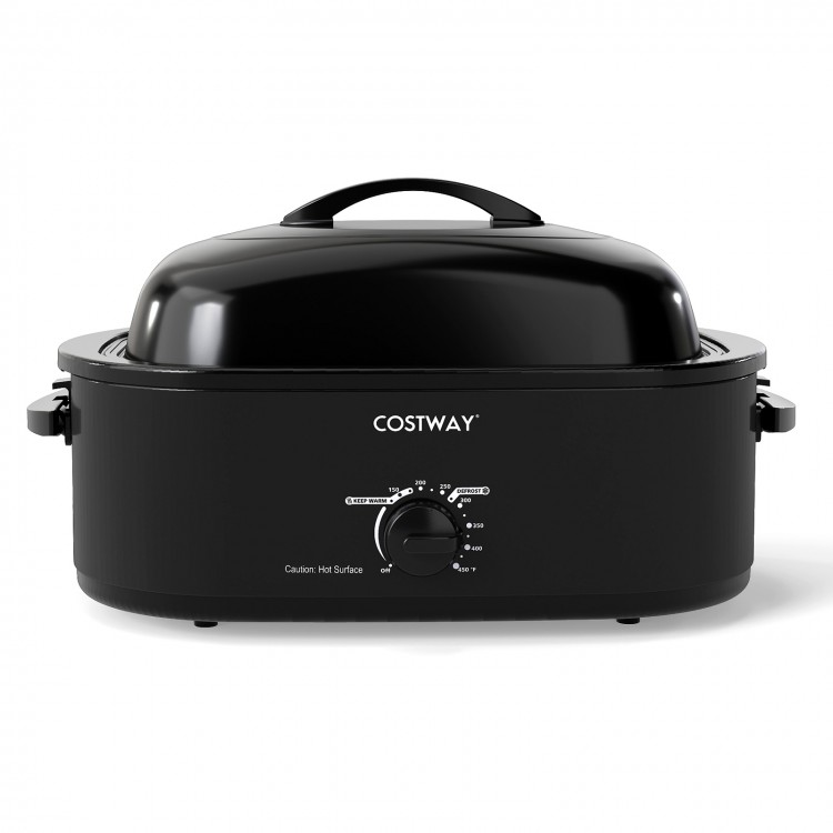 18QT electric roaster oven in black with self-basting lid, adjustable temperature, and removable pan for easy cleaning.