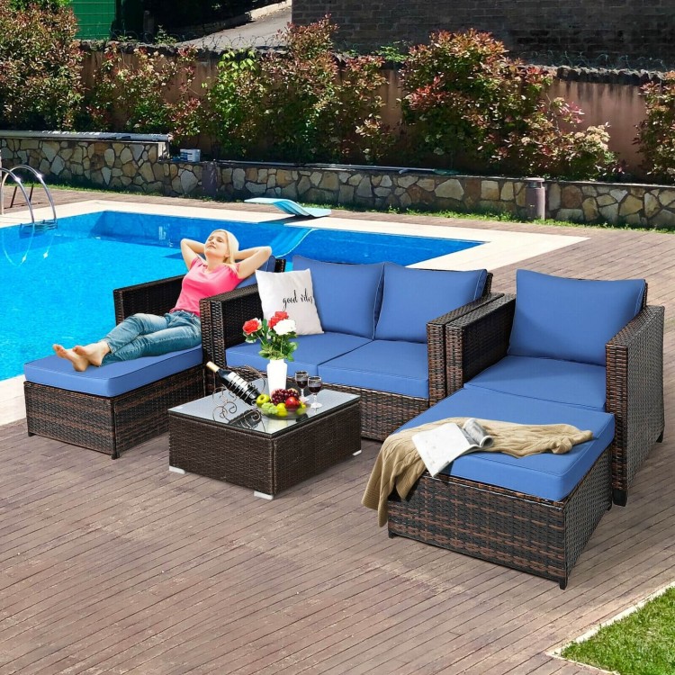5-piece patio cushioned rattan furniture set in navy, featuring a stylish design and removable cushion covers for easy.
