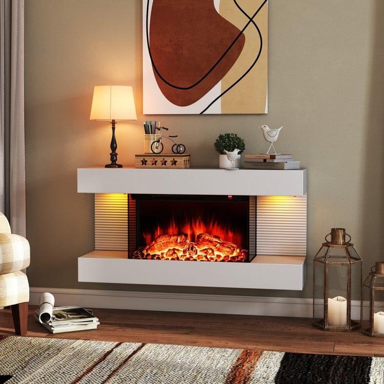 Wall-mounted electric fireplace with 3-sided glass, modern floating mantle, and adjustable LED flame colors for cozy.