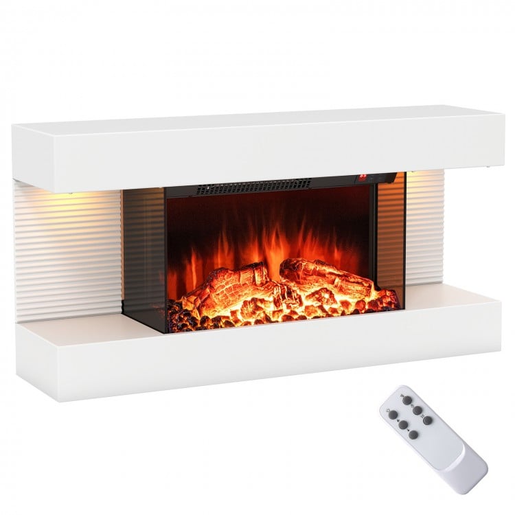 Wall-mounted electric fireplace with 3-sided glass, remote control, and 12 ambient LED colors for modern decor.