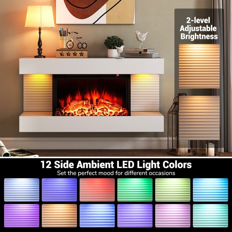 Wall-mounted electric fireplace with 3-sided glass, 12 ambient LED colors, and modern floating mantle design for cozy.