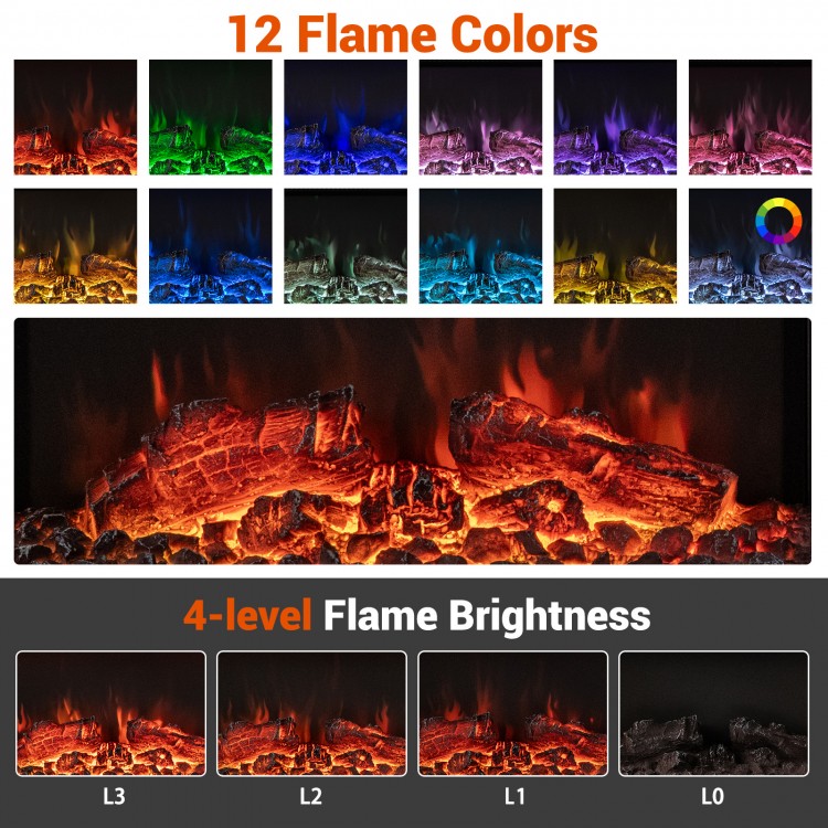 3-sided electric fireplace showcasing 12 flame colors and 4 brightness levels, perfect for modern ambiance and warmth.