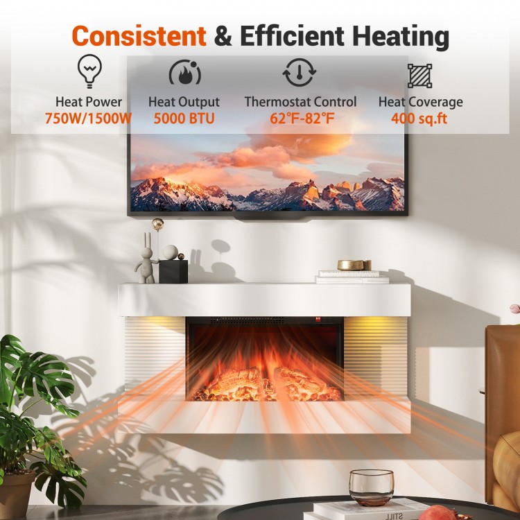 32-inch wall-mounted electric fireplace with 3-sided glass, 5000 BTU heat output, and 12 ambient LED light colors.