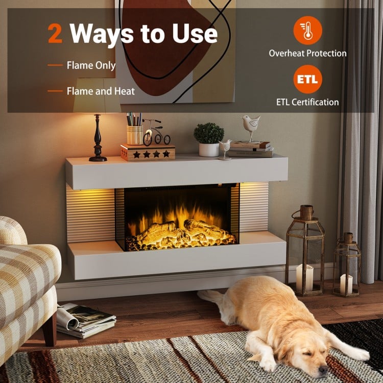 Wall-mounted electric fireplace with 3-sided glass, featuring flame and heat modes, remote control, and ambient LED.