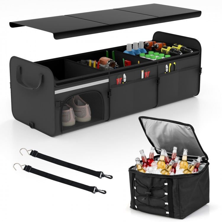 18 Gal black car trunk organizer with lid, featuring 3 compartments, insulated cooler bag, and multiple storage pockets.