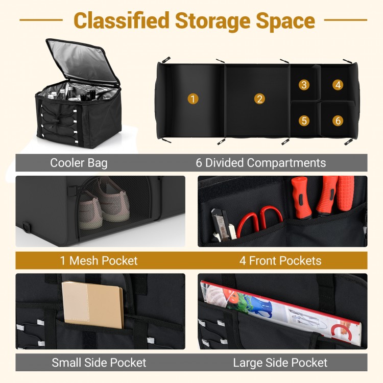 Black 18 Gal car trunk organizer with lid featuring 3 compartments, pockets, and a leakproof cooler bag for versatile.