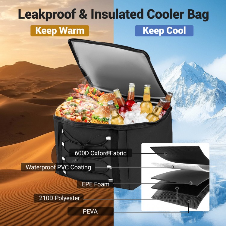 Portable 18 Gal black car trunk organizer with lid, made of 600D Oxford fabric, features 3 compartments for versatile.