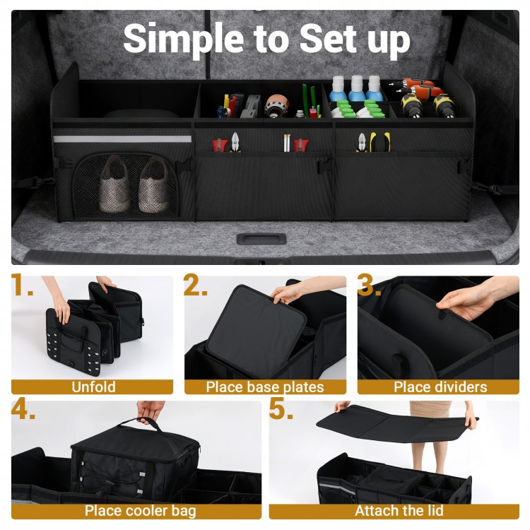 18 Gal black car trunk organizer with lid, featuring 3 compartments and pockets for groceries and gear, ideal for.