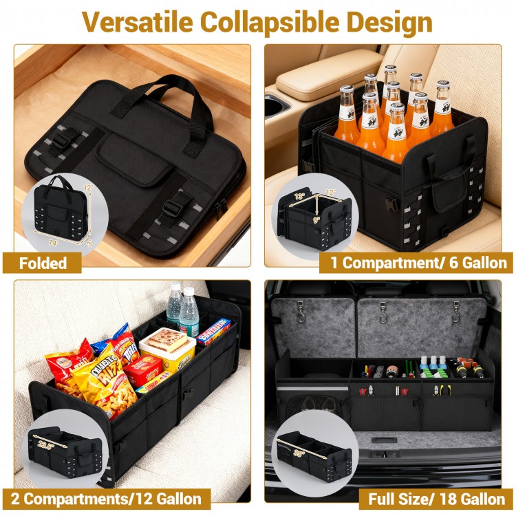 Collapsible 18-gallon car trunk organizer in black, featuring 3 compartments and a removable lid for versatile storage.
