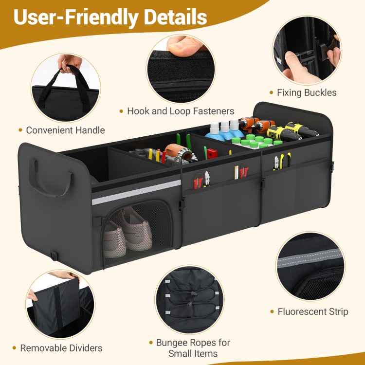 18 Gal black car trunk organizer with lid, featuring 3 compartments, adjustable straps, and convenient handle for easy.