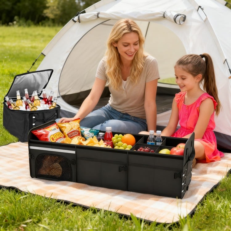 Portable 18 Gal black trunk organizer with lid, featuring three compartments for groceries and drinks, ideal for.