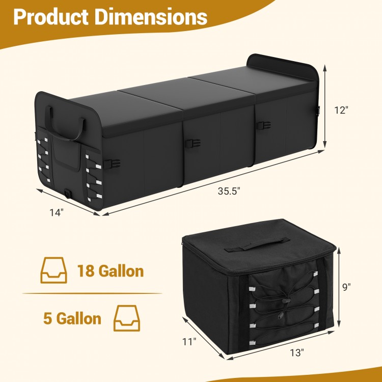 18-gallon black car trunk organizer with lid, featuring three compartments and adjustable straps for versatile storage.