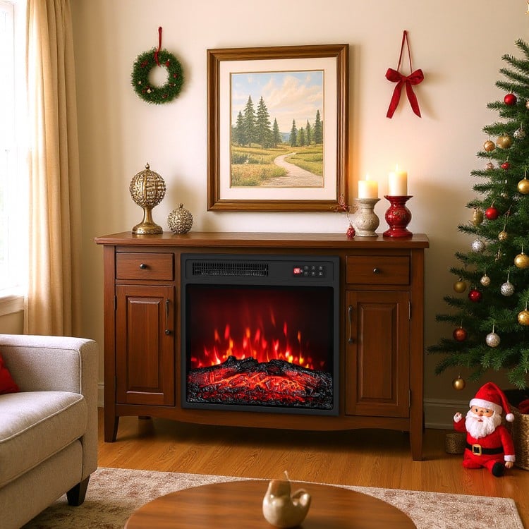 18-inch electric fireplace insert with 7 flame colors, remote control, and cozy ambiance for living room settings.