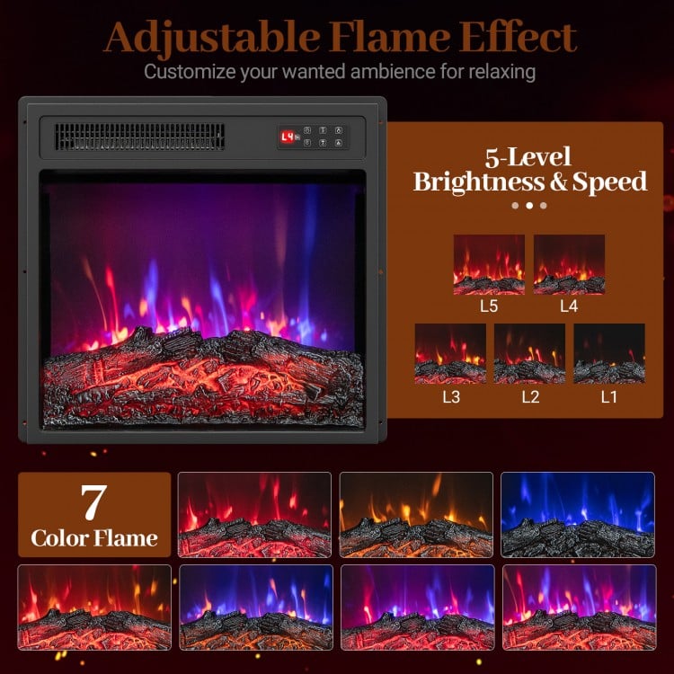 18-inch electric fireplace insert showing 7 flame colors and adjustable brightness for customizable ambiance and warmth.