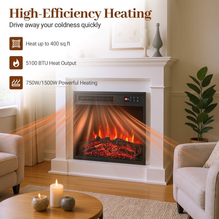18-inch electric fireplace insert with remote control, featuring 7 flame colors and 750W/1500W heating for cozy warmth.
