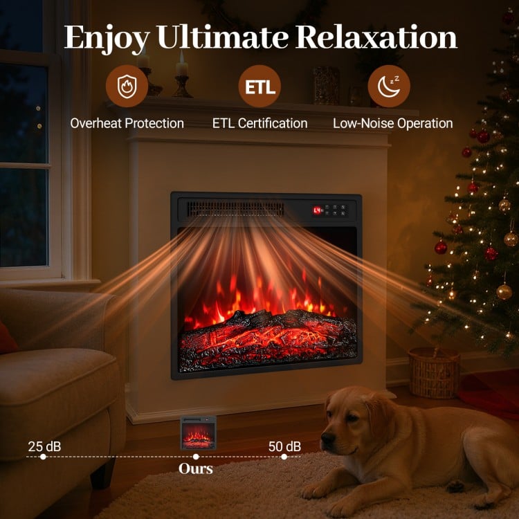 18-inch electric fireplace insert with remote control, showcasing 7 flame colors and low-noise operation for cozy.