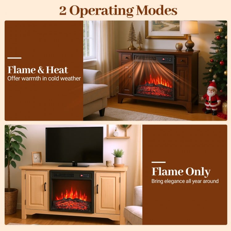 18-inch electric fireplace insert showcasing flame and heat mode, featuring 7 flame colors and remote control for cozy.