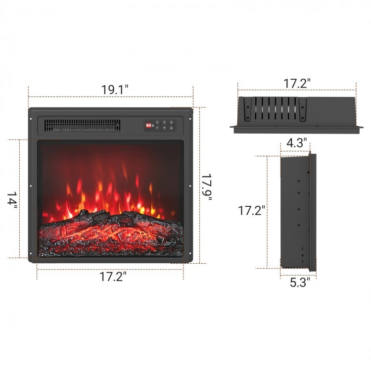 18-inch electric fireplace insert with remote control, featuring 7 flame colors and 750W/1500W heating options.