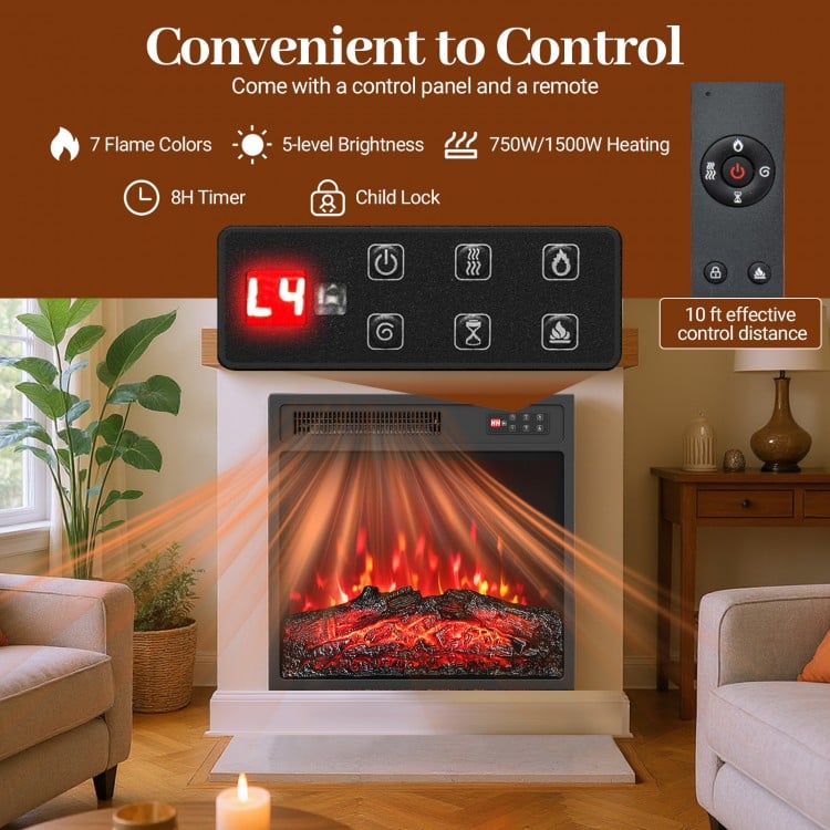 18-inch electric fireplace insert with remote, featuring 7 flame colors and 750W/1500W heating options for cozy warmth.