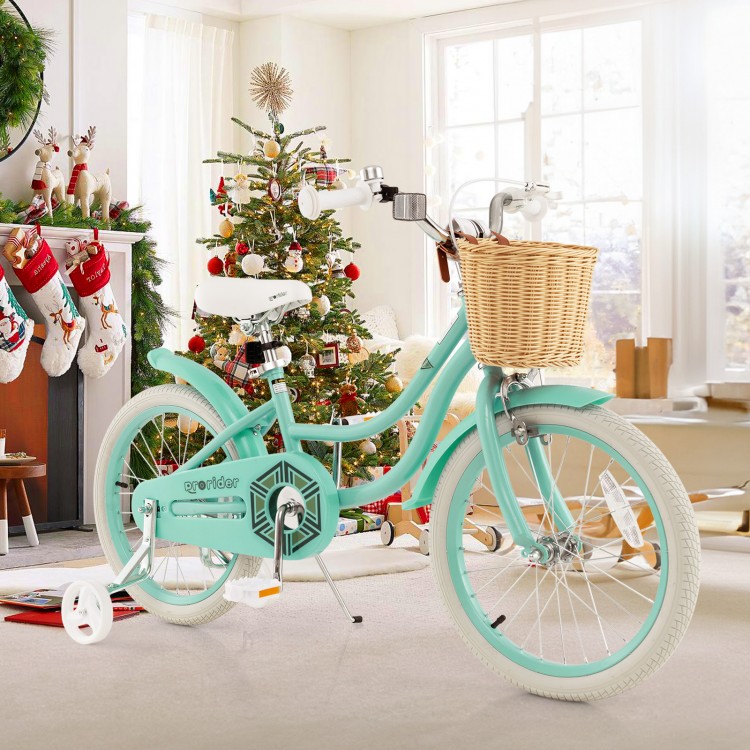 18-inch green kids bike with training wheels, adjustable seat, and front basket, perfect for indoor and outdoor fun.