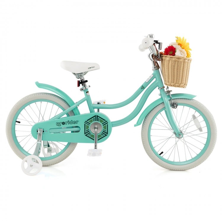 18-inch kids bike in green with training wheels, adjustable seat, and front basket for toys and snacks.
