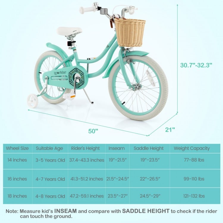 18-inch kids bike in green with training wheels, adjustable seat, and front basket for fun and safety on various.
