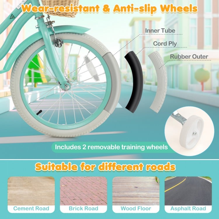18-inch kids bike in green with training wheels, adjustable seat, and durable rubber wheels for various road surfaces.