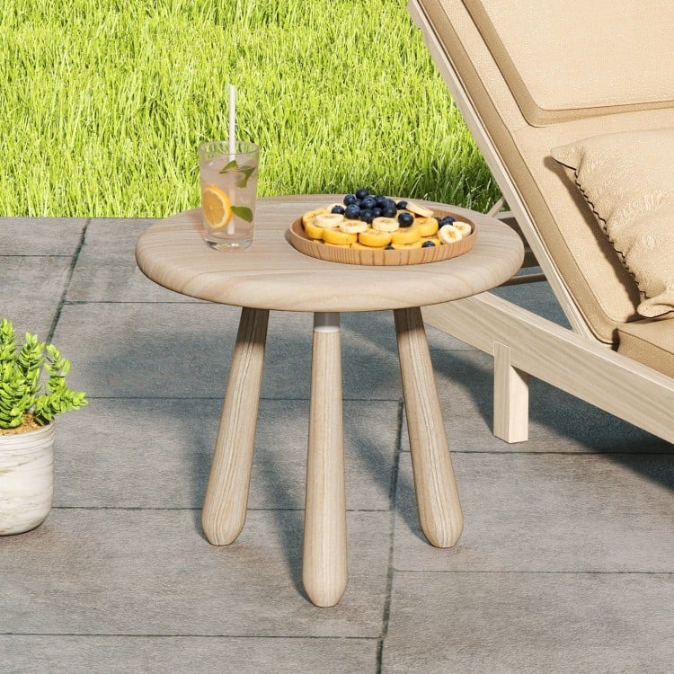 Round 18-inch outdoor side table made of solid mahogany wood, featuring a sleek surface for snacks and drinks.
