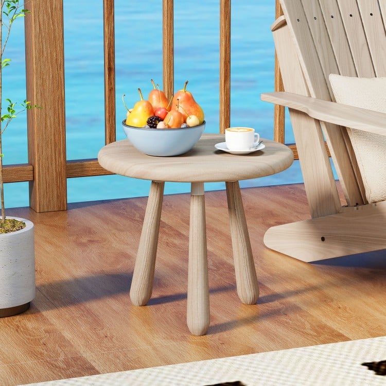 Round 18-inch outdoor side table made of solid mahogany wood, featuring a sleek surface, perfect for snacks and drinks.